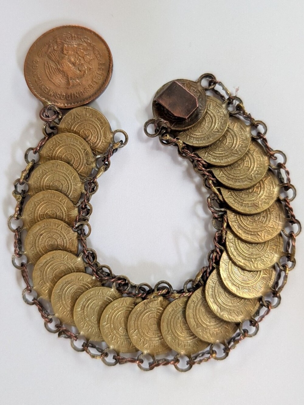 VTG Mexican Coin Style Link Bracelet w/ Real Cinco Centavos Coin Fob Dated 1951